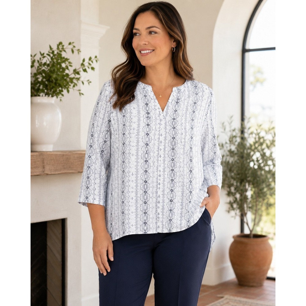 NWT Van Heusen Womens XL Medallion Print 3/4 Sleeve Tunic Blouse Career Casual